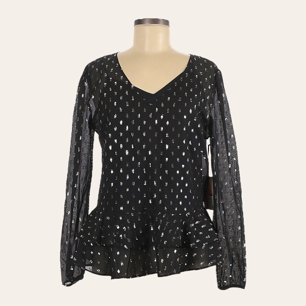 Halogen Nordstrom Gold Clipdot Sheer Sleeve Peplum Ruffle Blouse Size M NWT